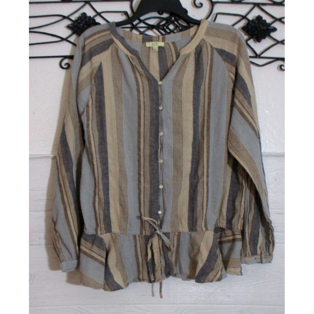 Kori America Women's Boho Top Size L Long Sleeve Multicolor Striped Round Neck